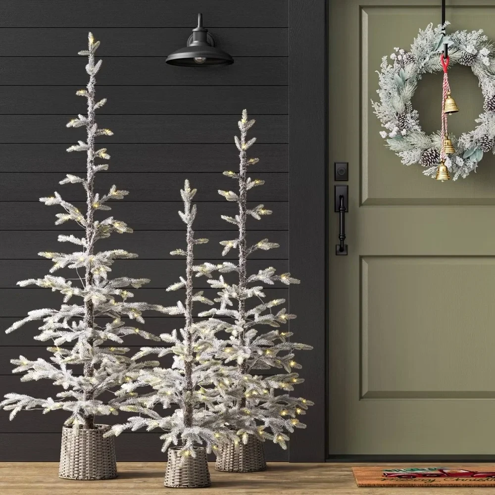 NWT 2 Pre- Lit Flocked Balsam Christmas Tree with Basket Base